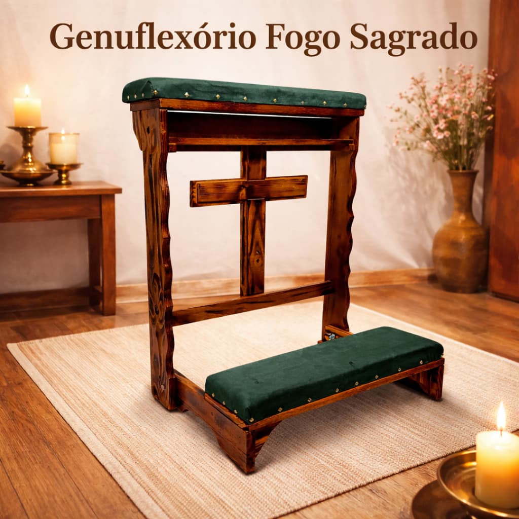 Genuflexório Fogo Sagrado em Madeira Pinus com Acabamento Queimada Banco de Oração Religioso Premium