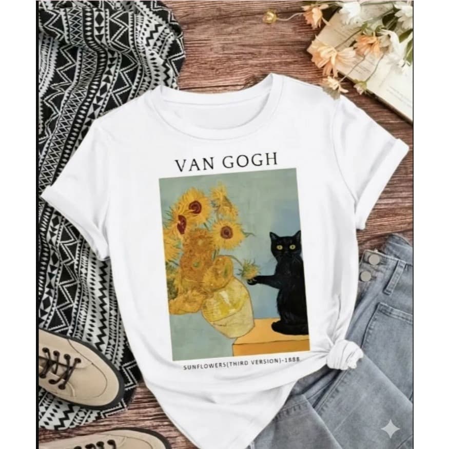 Camisa Feminina Van Gogh Gato Preto Girassóis Confortável Algodão Premium