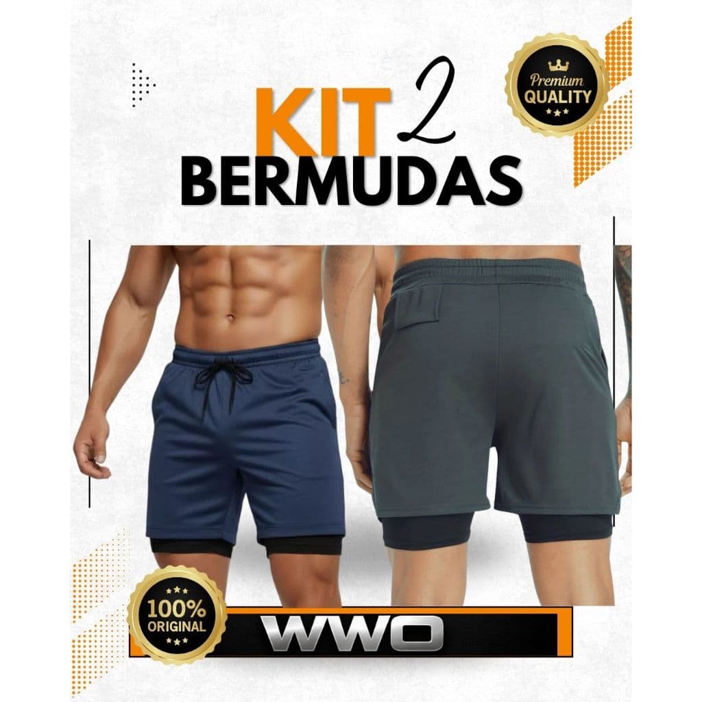 Bermuda  masculina 2 em 1 Academia  de compressão dry fit
