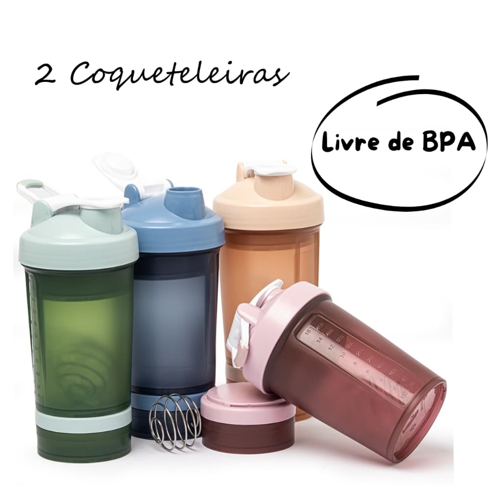 kit 2 Coqueteleiras 500 ml livre de BPA 2 compartimentos whey vitamina academia shake misturador de mola