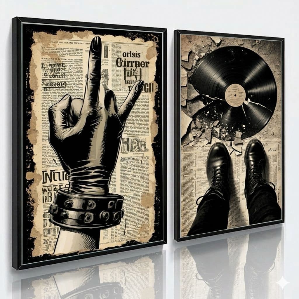 Kit Quadros Decorativos Rock And Roll Vinil Caveira Vintage Com Moldura e Vidro