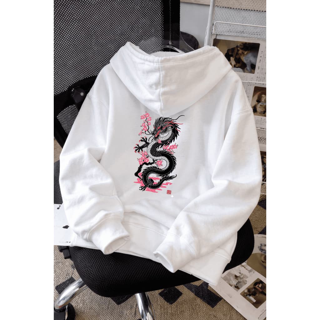Moletom Canguru Dragão Chinês Com Capuz e Bolso Unissex Casual Inverno