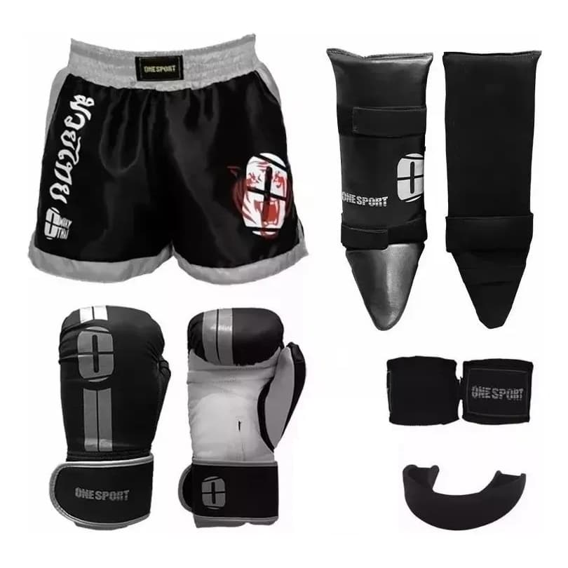 Kit Boxe Muay Thai Luva Boxe + Bandagem 2,5mts + bucal + caneleira + Short