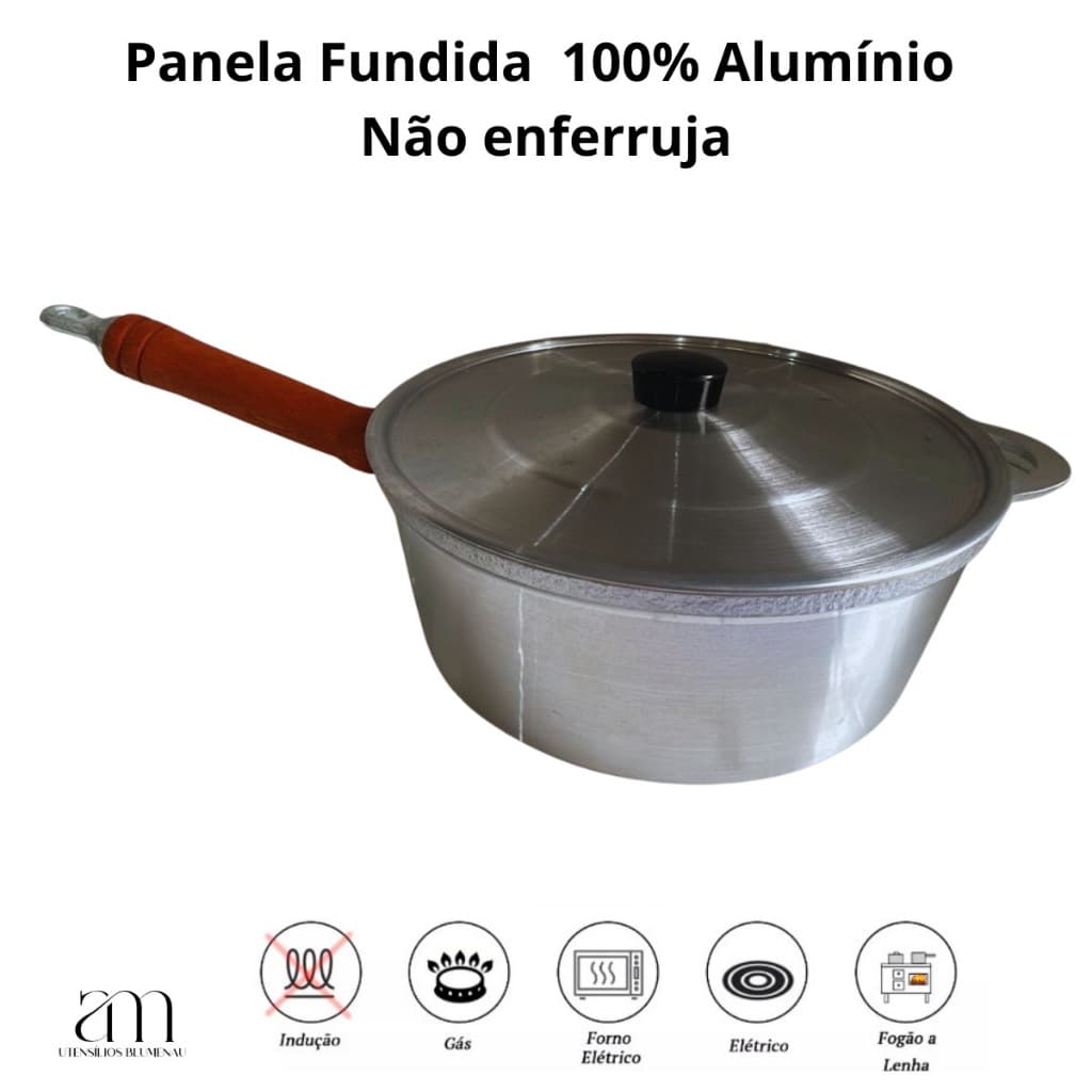 Panela caçarola Fundida Cabo Madeira Longo mais alça fundida Polida 26cm 4,5 litros
