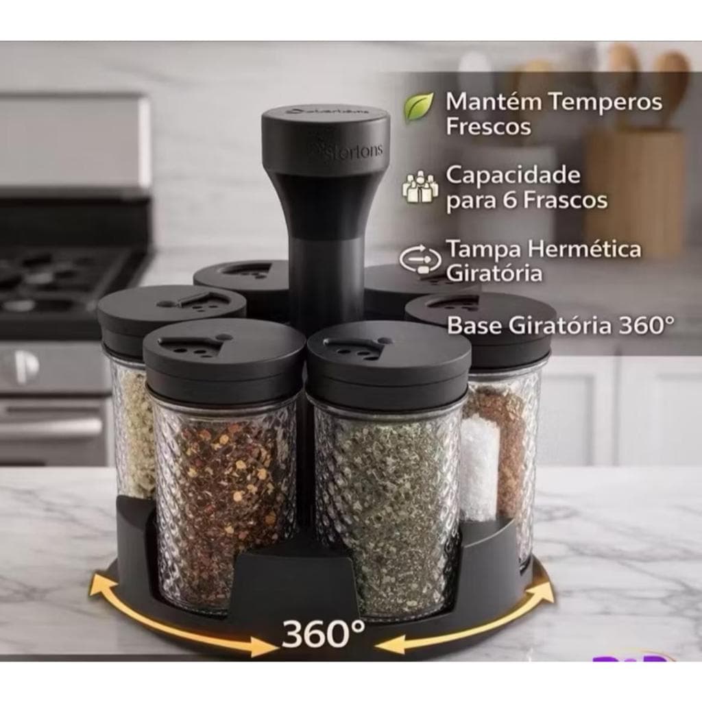 Porta Tempero e Condimento Giratório com 6 potes de Vidro com tampa para Organização Cozinha