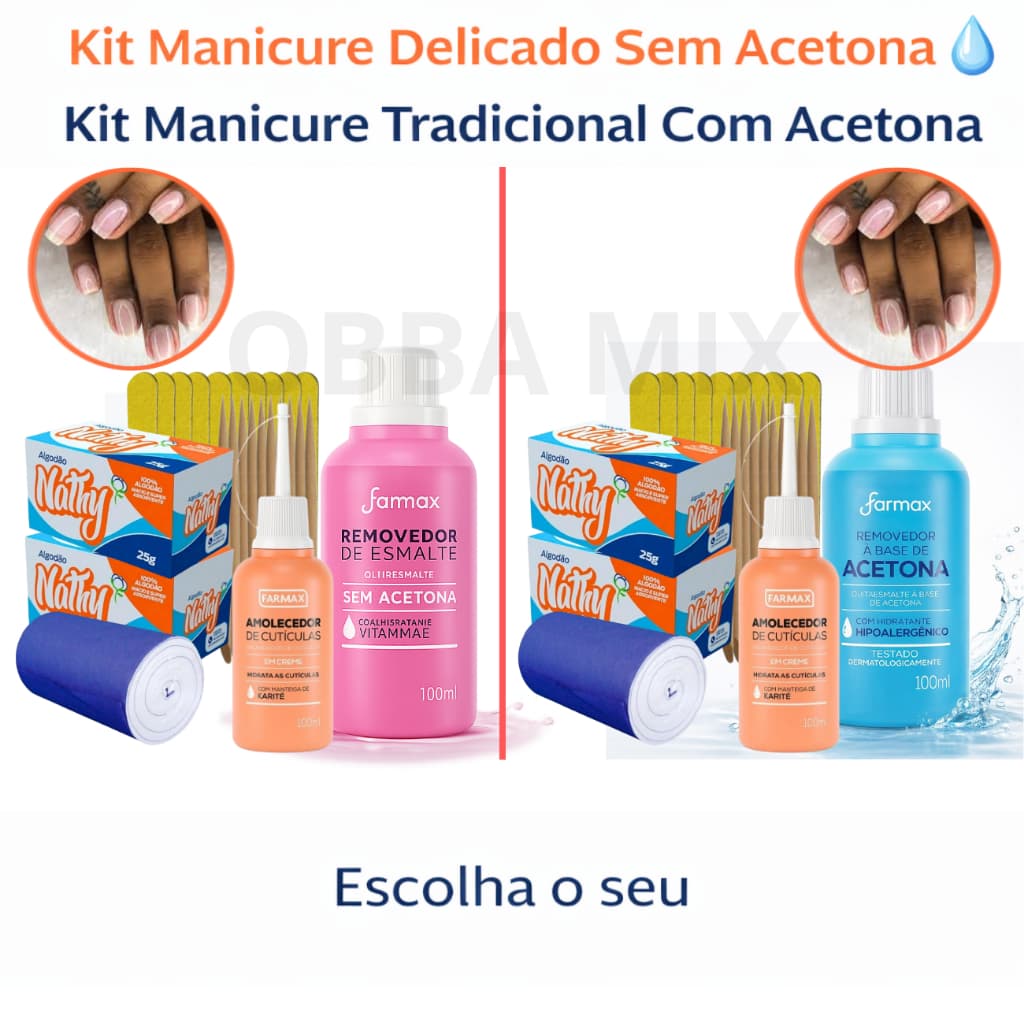 Kit Manicure Completo com ou sem Acetona | Removedor + Amolecedor + Lixas + Palitos + Algodão