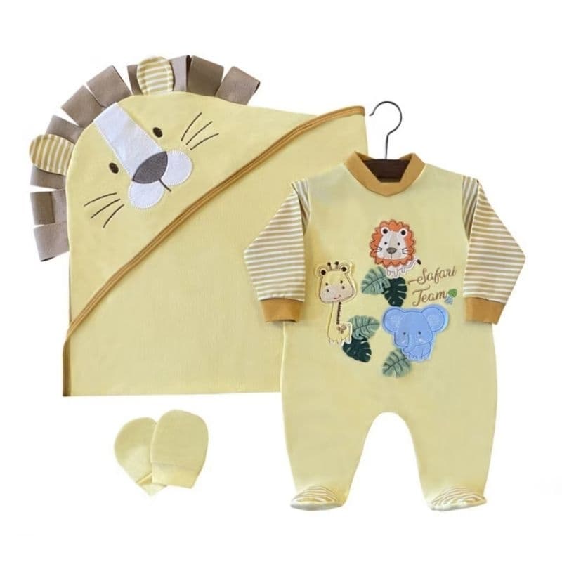 Kit Saída Maternidade Safari Amarelo Bordado | Macacão Bebê com Manta e Luvas Presente