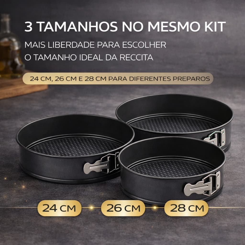 Kit 3 Assadeira Antiaderente com Fundo Removível Torta Bolo