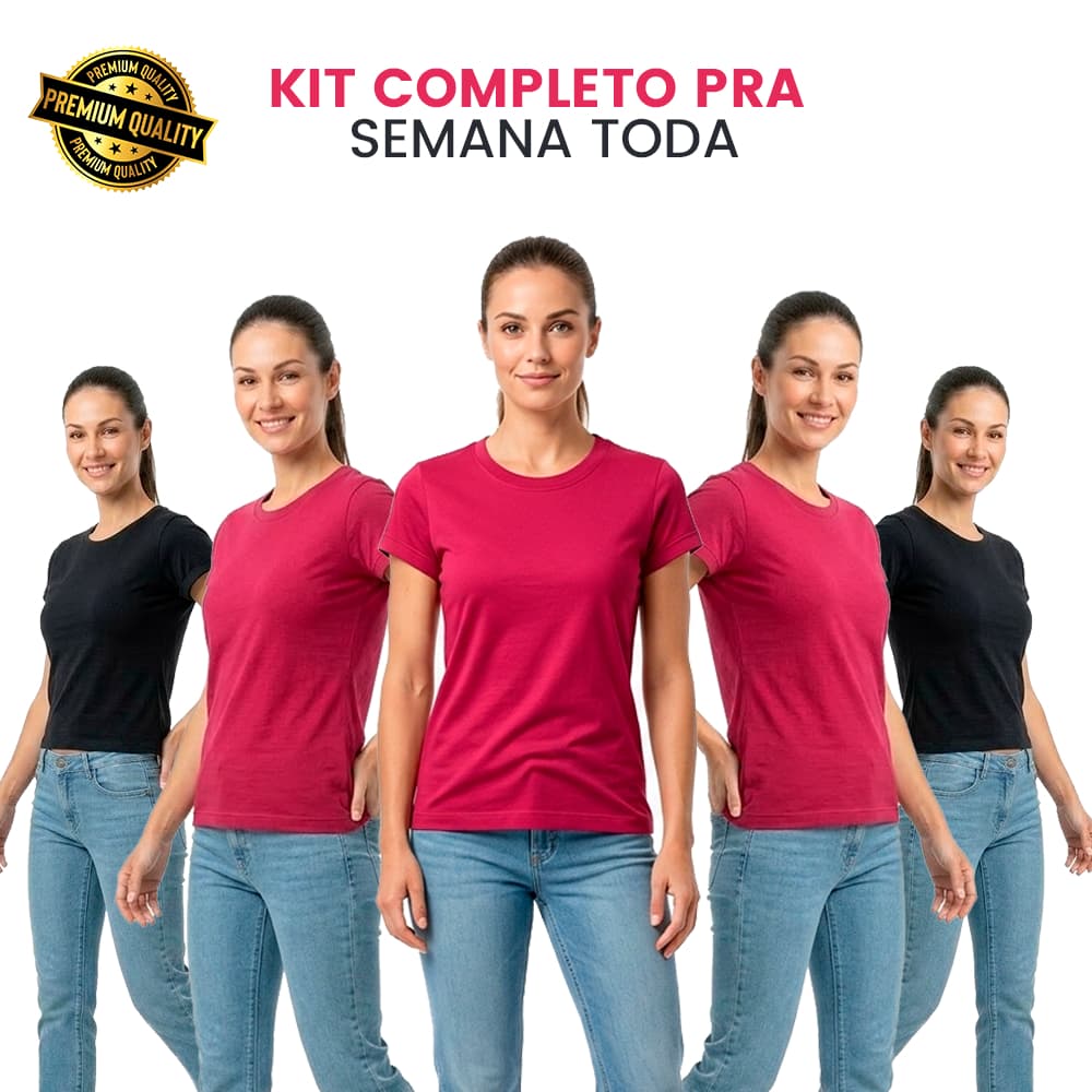 Kit 5 Baby Look Feminina Básica Premium (3 Rosa Pink + 2 Pretas) Envio Imediato
