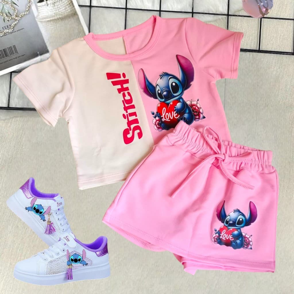 Conjunto Stitch Moda Infantil Short Saia E Blusa (2-14) PROMOÇÃO