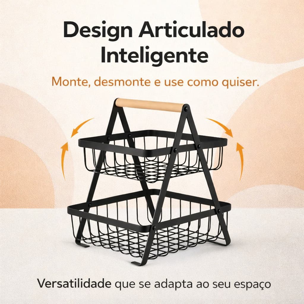 Fruteira de Mesa 2 Andares Aço Inox Articulada Desmontável Moderna Organizadora Cozinha