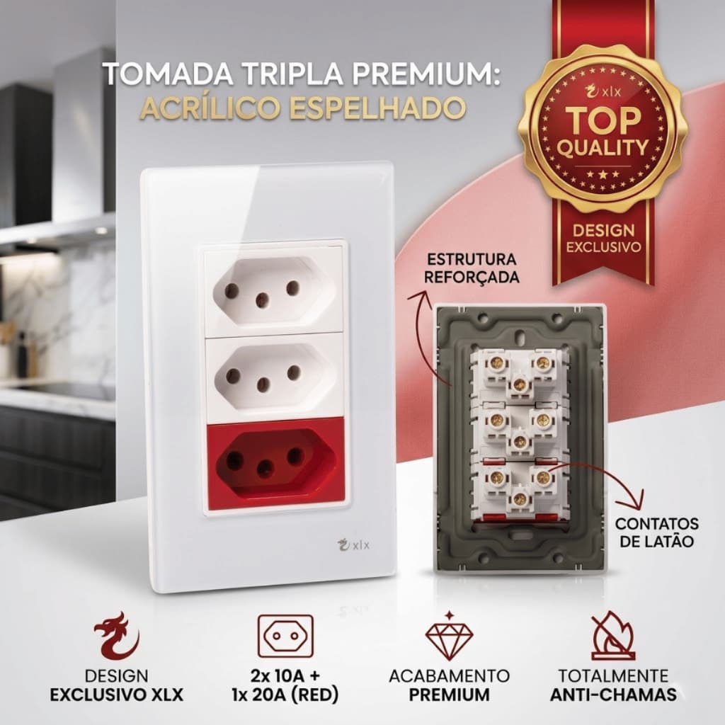 Tomada Modular Tripla 10A 20A 110V 220V Placa Preta Acrílico Espelhada Alumínio Moderna Innova XLX