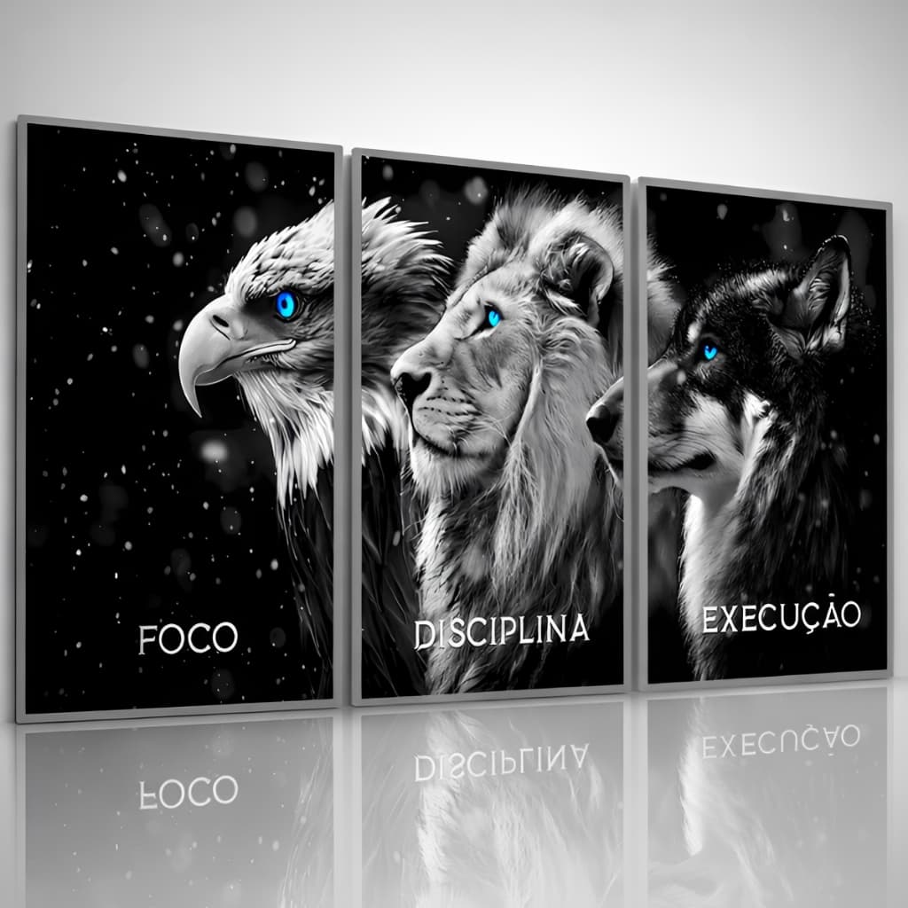 Kit 3 Quadro Decorativo 122x60 Motivacional Foco Execução Leao Lobo HD