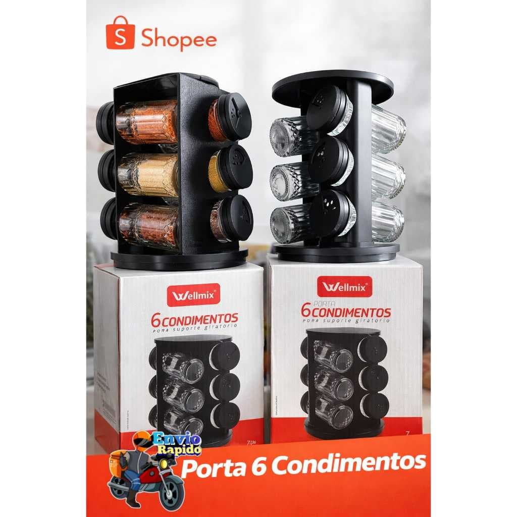 Porta Condimento Giratório 6 Potes de Vidro Organizador de Temperos