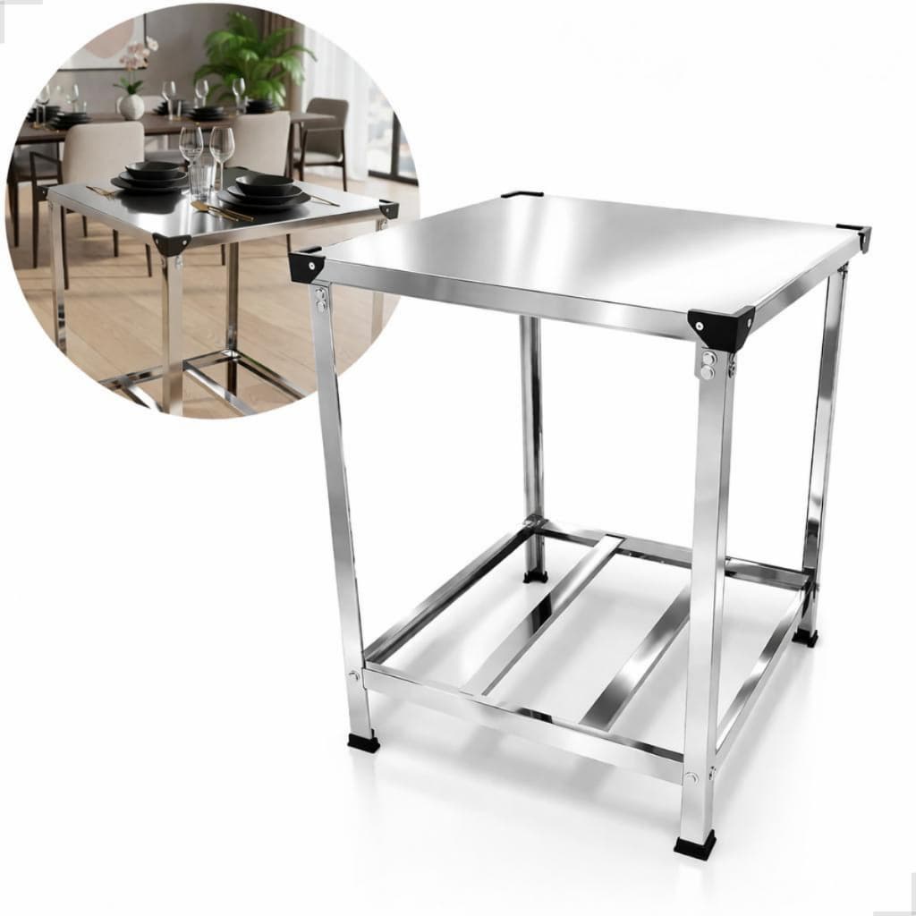 Mesa De Serviço Com Prateleira 70x70x90 Gradeada Tampo Total Inox Proteção Cantoneira Emborrachada