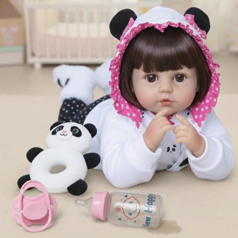 BONECA REBORN DE SILICONE COM ROUPA PANDA SILICONE NEW HAPPY REALISTA