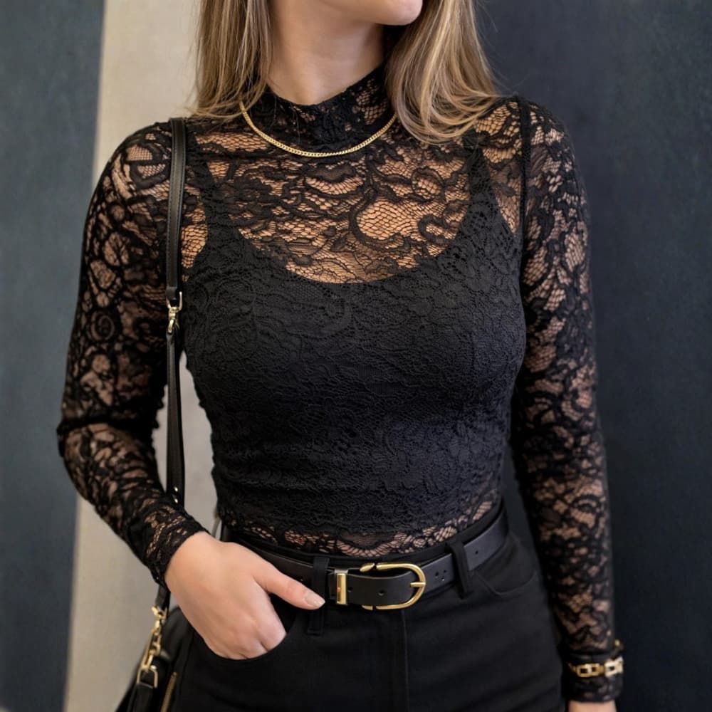 Body Feminino Renda Manga Longa Gola Alta