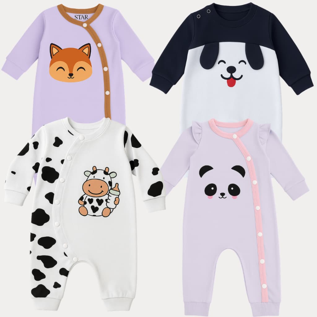 Macacão Infantil Suedine 100% Algodão  RN a 12M – Vaquinha, Panda, Raposa