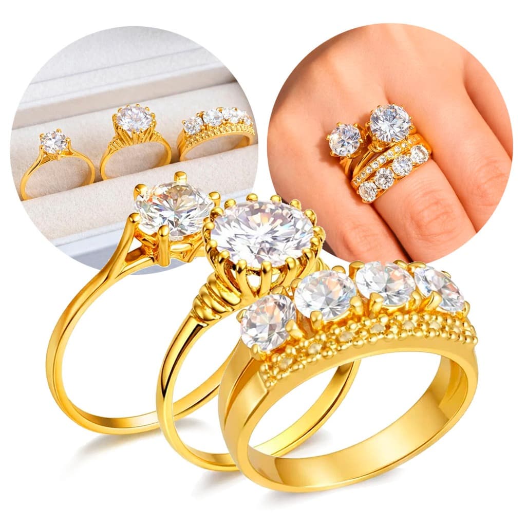 Kit 3 Anéis Virginia Moeda Antiga Dourado Luxo Zircônia Brilhante