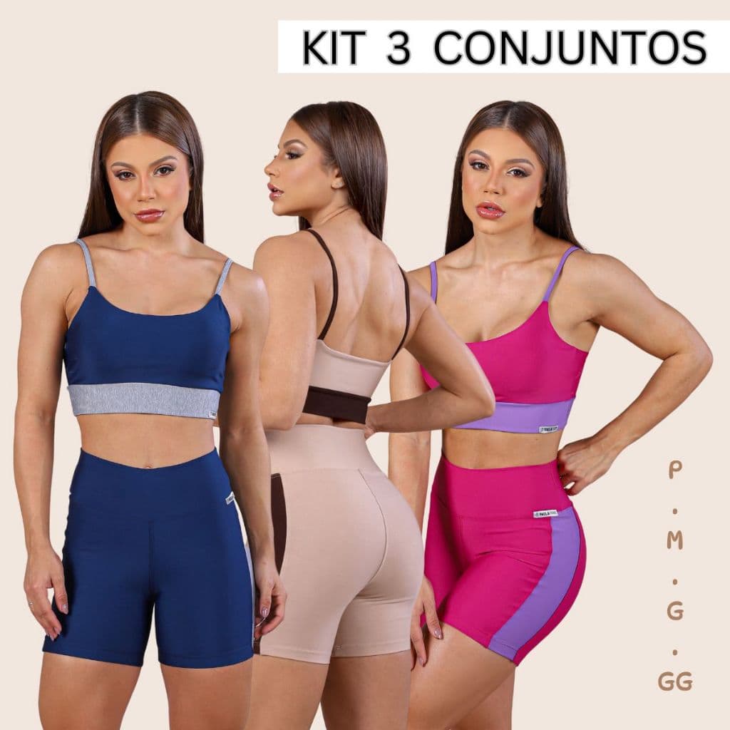 Kit Com 3 Conjuntos Curtos Para Academia Feminino Versátil Moderno