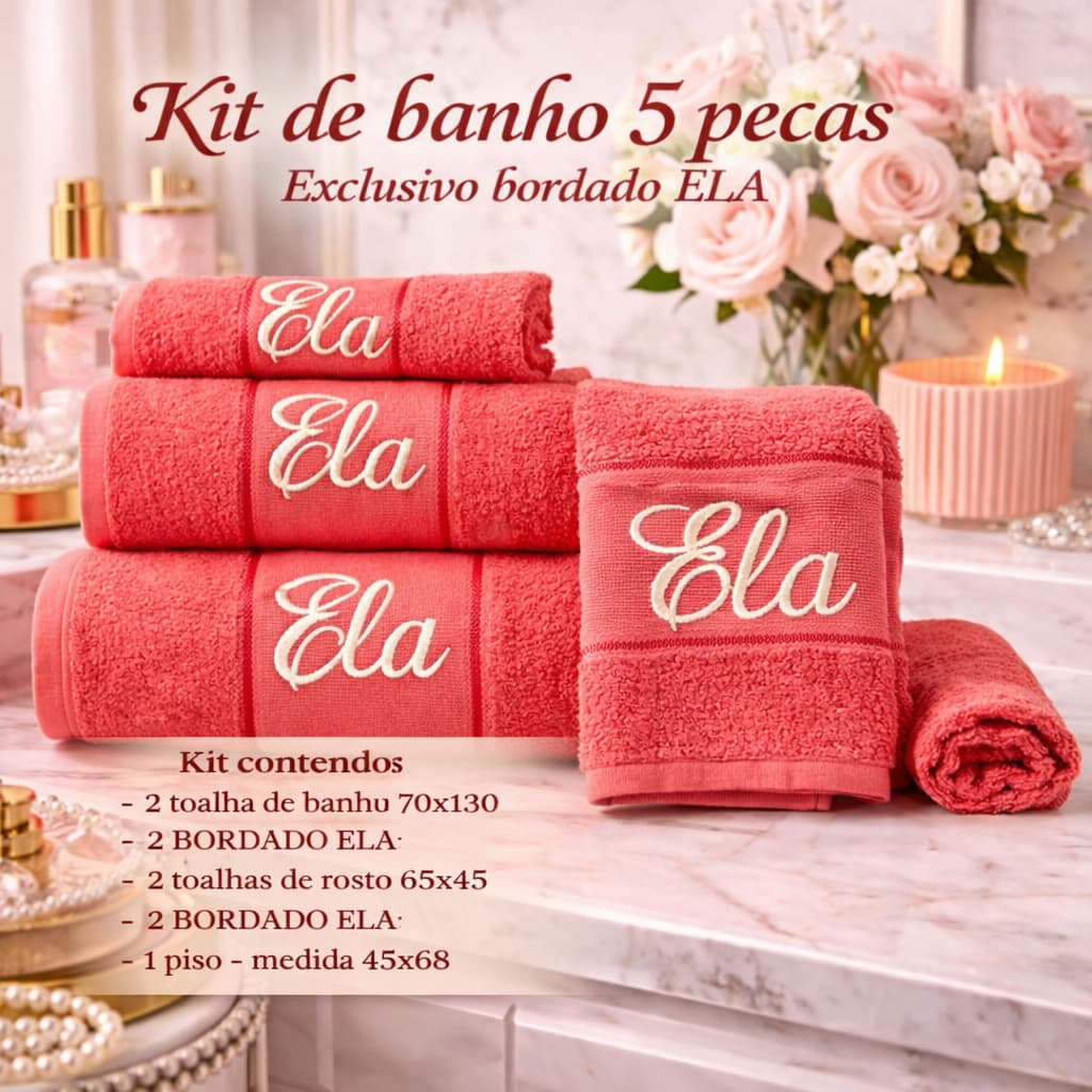 Jogo Toalha de Banho Bordado ELAxELA 5Pç Luxo Presente Para Casamento Aniversário