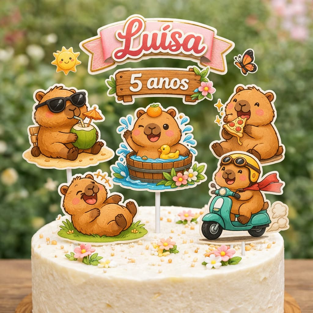 Topo de Bolo Capivara Feliz - Topo de Bolo Personalizado Capivara-Decoração de Bolo Capivara Cute
