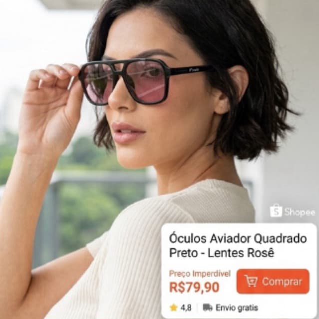 Óculos Feminino Aviador Preto Verniz | Lente Rosa Cosmética | Envio Imediato
