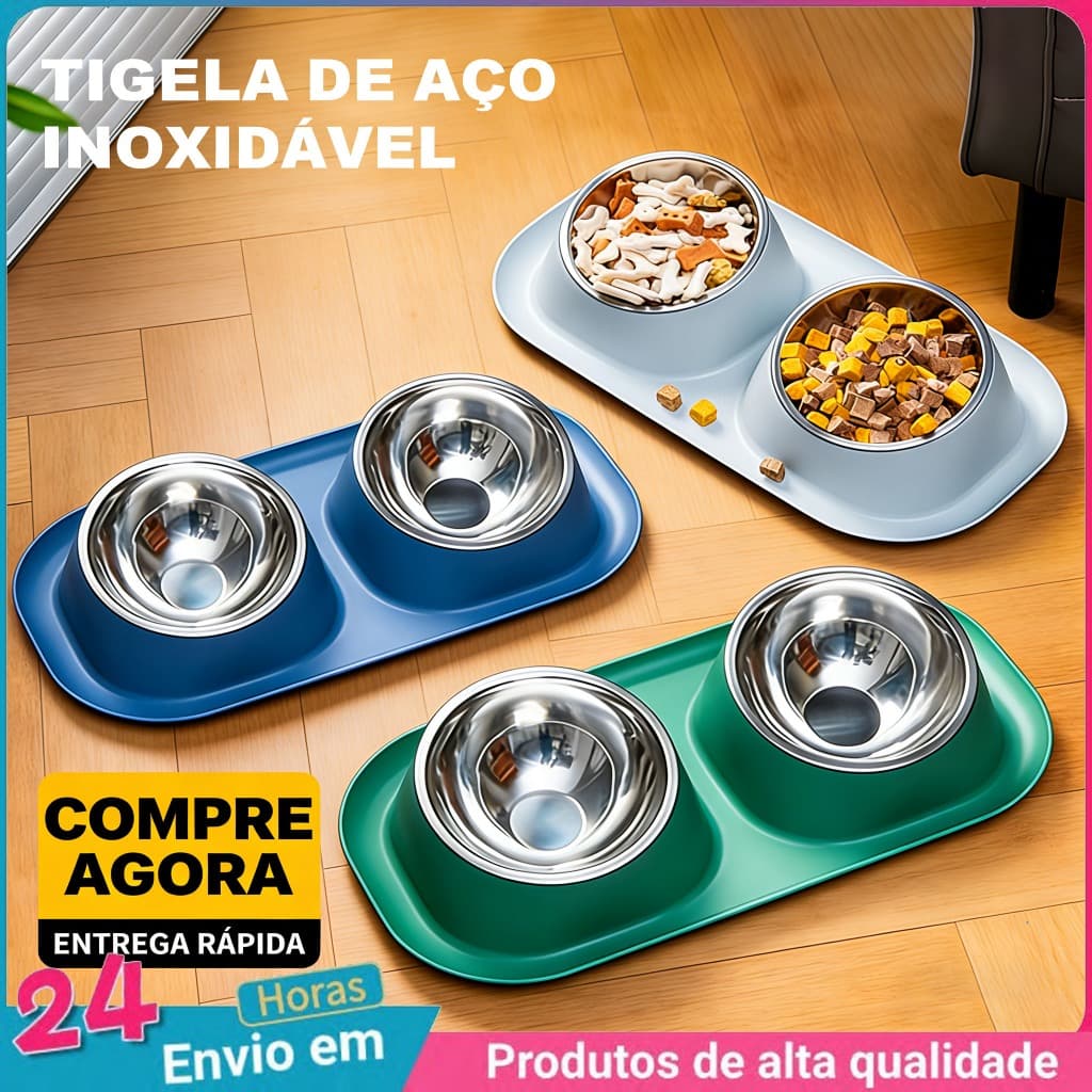 Comedouro Bebedouro 2 em 1 Tigela Aço Inox Removível Cachorro Gato Petantiderrapante