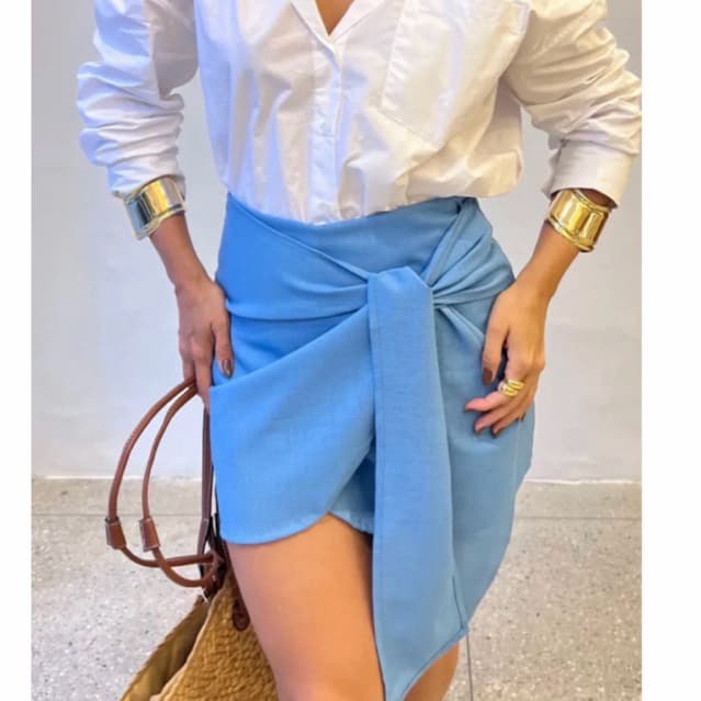 Short Saia linho feminino Amarração lateral Alfaiataria Tendência Inverno 2026 Casul laço Moda Gringa