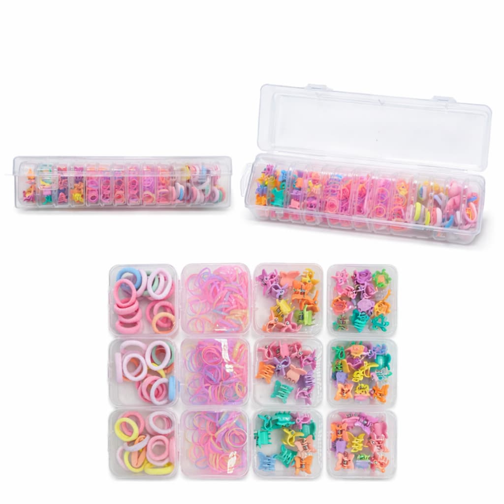 Kit Acessórios de Cabelo Infantil com Caixa Organizadora – Elásticos, Mini Presilhas Coloridas para Meninas