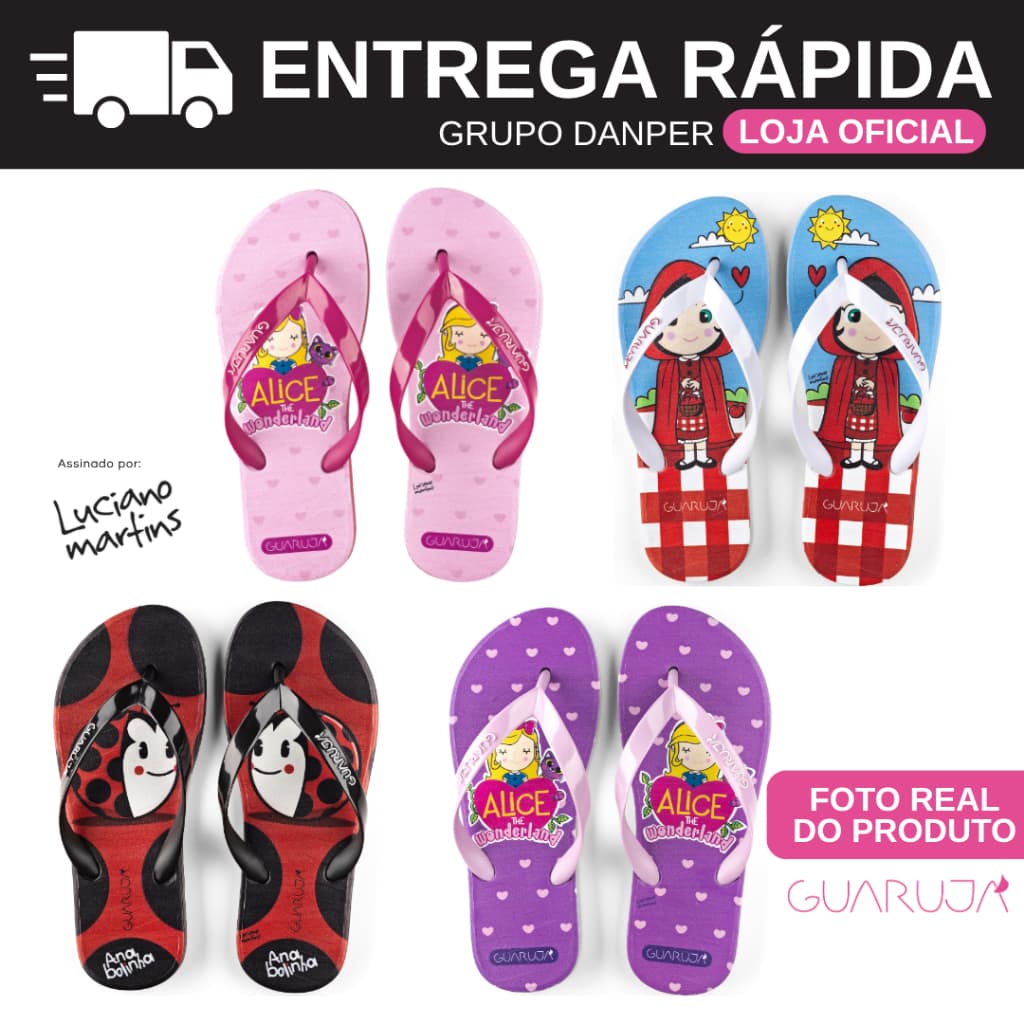 GUARUJÁ Chinelo de Dedo Infantil  Personagens Alice no País das Maravilhas e Ana Bolinha Original