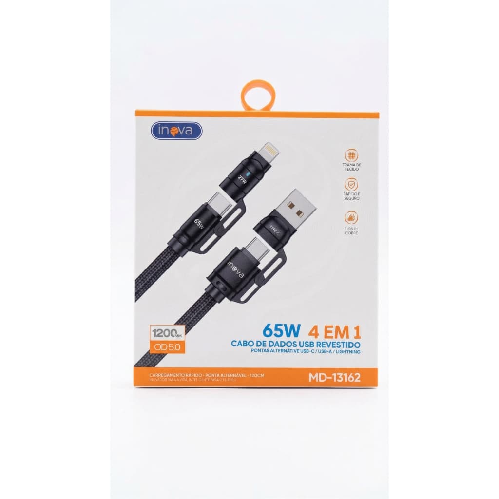 Cabo de carregamento rápido 4 em 1 INOVA Pd Lightning/Tipo C/USB de 1,2 M