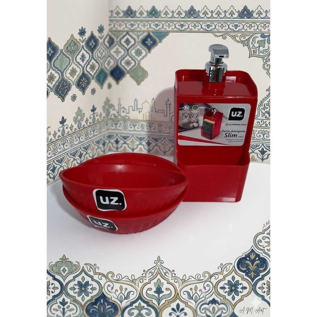 Jogo Organizador De Pia Uz Porta Detergente Slim E 2 Cumbucas Vermelhas - Kit Praticidade Cozinha