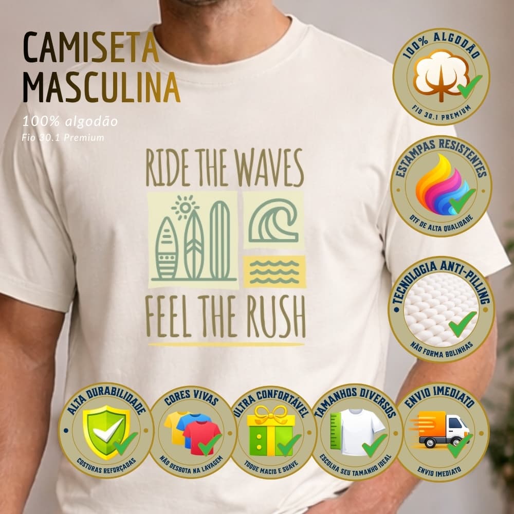 Camiseta Masculina Off White 100% Algodão Surf Mar Prancha Estampa Tecido Alta Resistencia Presente