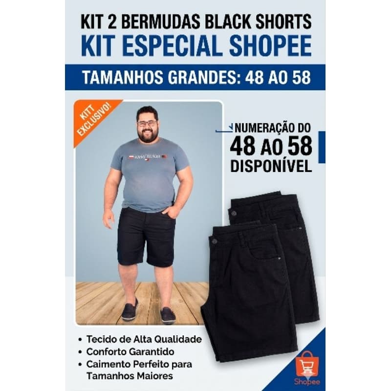 Kit 2 Bermudas Masculinas Sarja Black Plus Size - Tamanhos Grandes 48 ao 58 - Conforto Premium