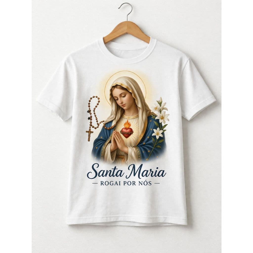 Camiseta Santa Maria Rogai Por Nós e Arco Santa Maria CATÓLICA 100% poliéster