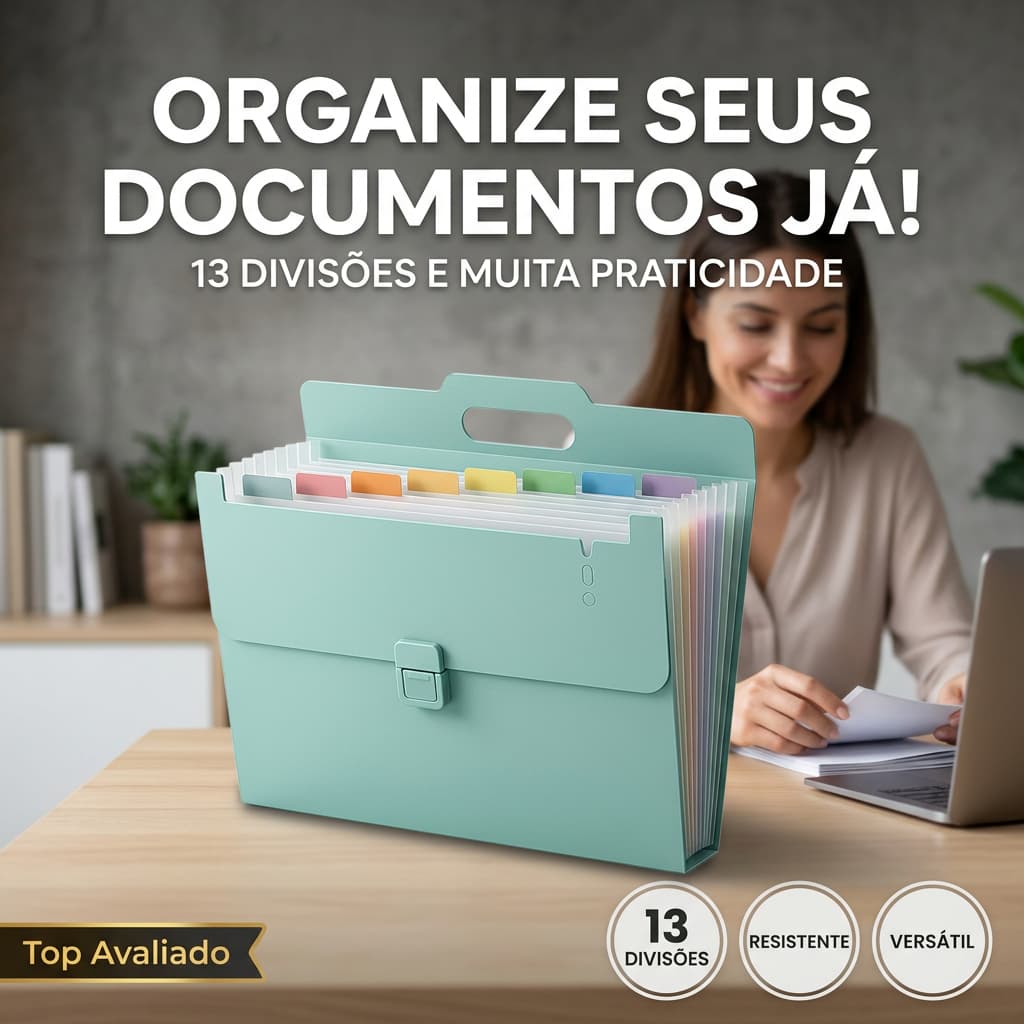 Pasta Organizadora Sanfonada 13 Divisões Plástico Sortida com Alça Documentos Escola Escritório