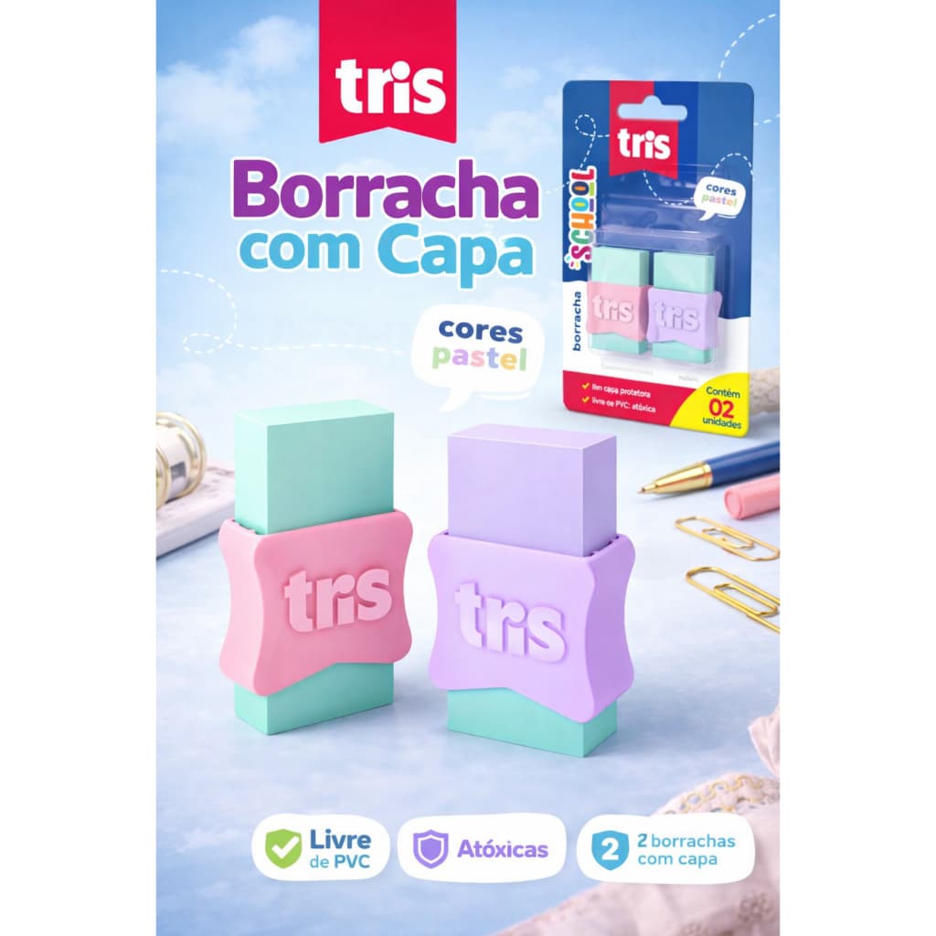 Borracha TRIS Pastel com Capa Kit 2 Unidades Escolar Fofa Macia Apaga Fácil