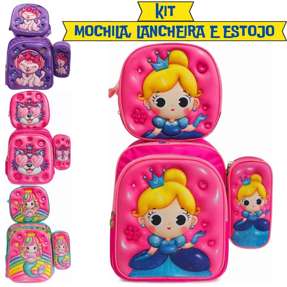 Kit Mochila Infantil Escolar Menino Menina Criança 3D Alto Relevo Bolsa Masculino Feminino Escola Passeio