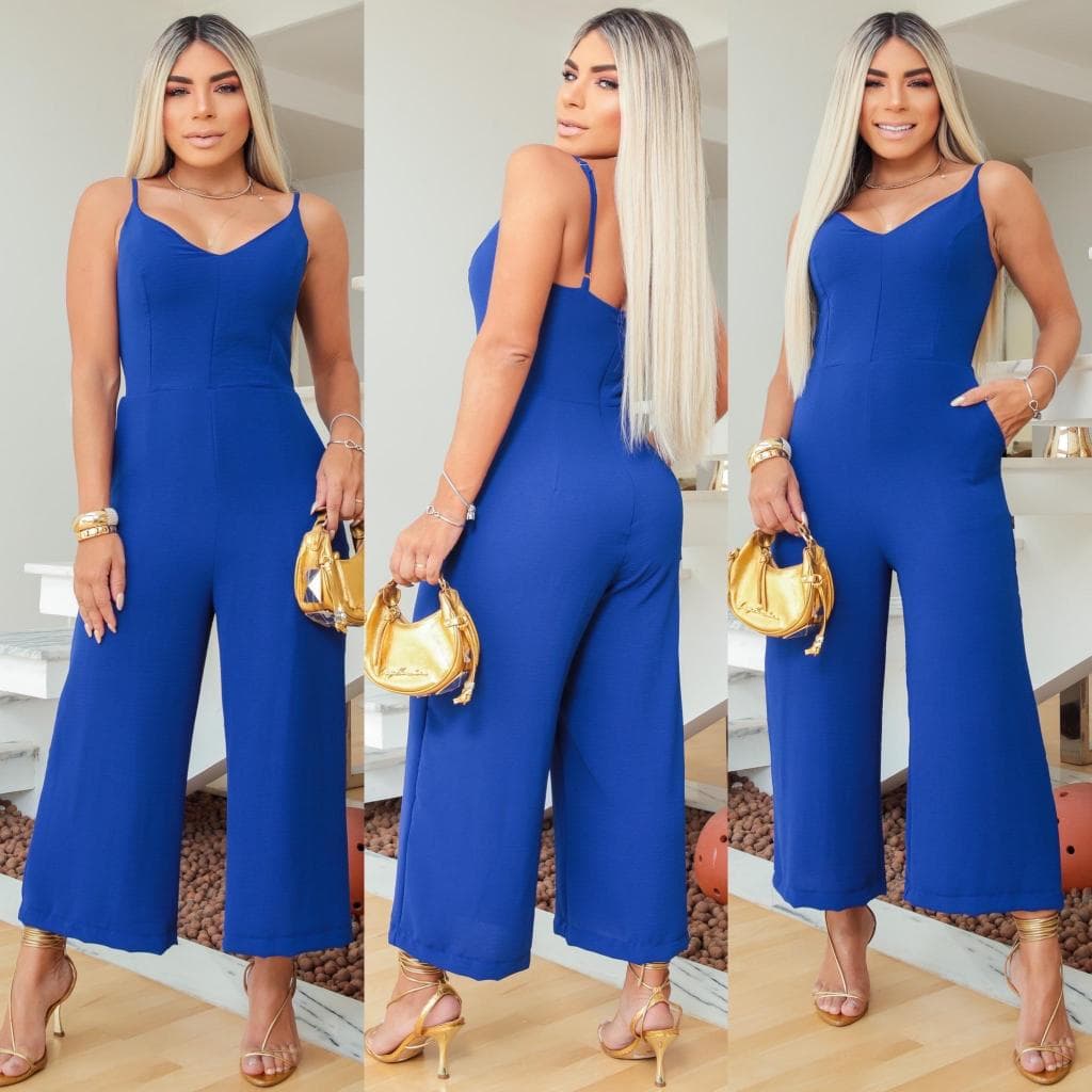 Macacão pantacourt feminino Costa fechado casual-alça ajustável e bolsos moda elegante lançamento