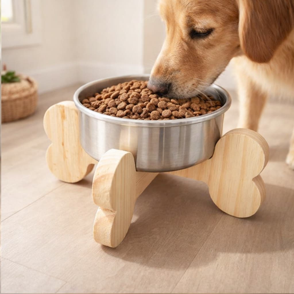 Comedouro Para Cachorro Grande De Madeira E Aluminio