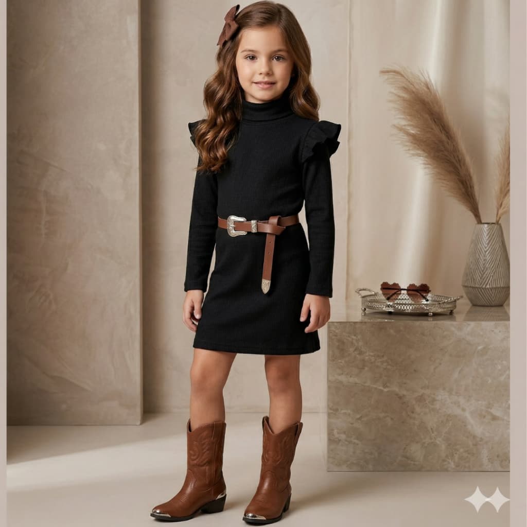 Vestido Infantil Feminino Inverno Manga Longa com Babado 4 ao 10