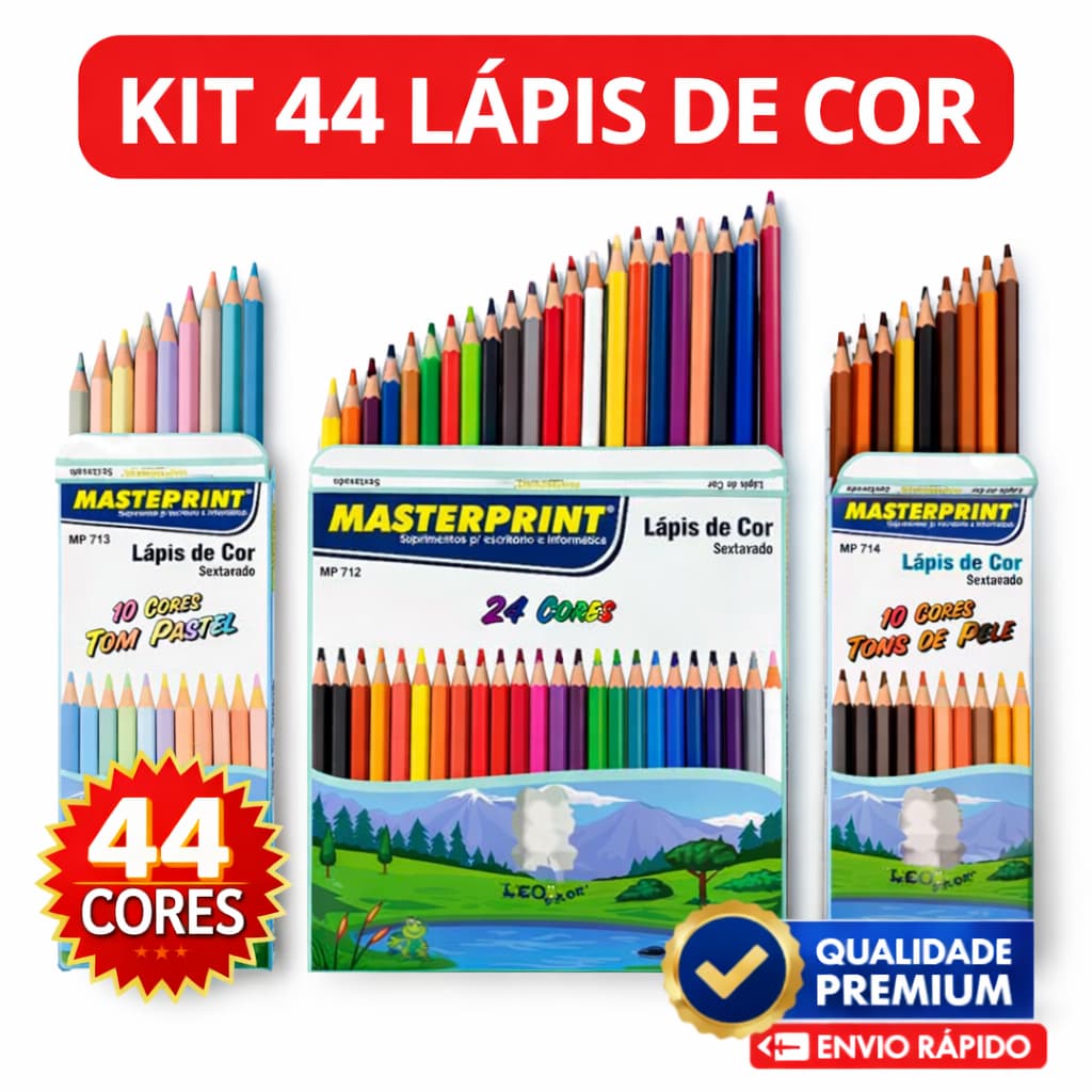 Kit 44 Lápis de Cor (24 CORES + 10 Cores Tom Pastel +10 Cores Tons de Pele) Escolar Sextavado TOP