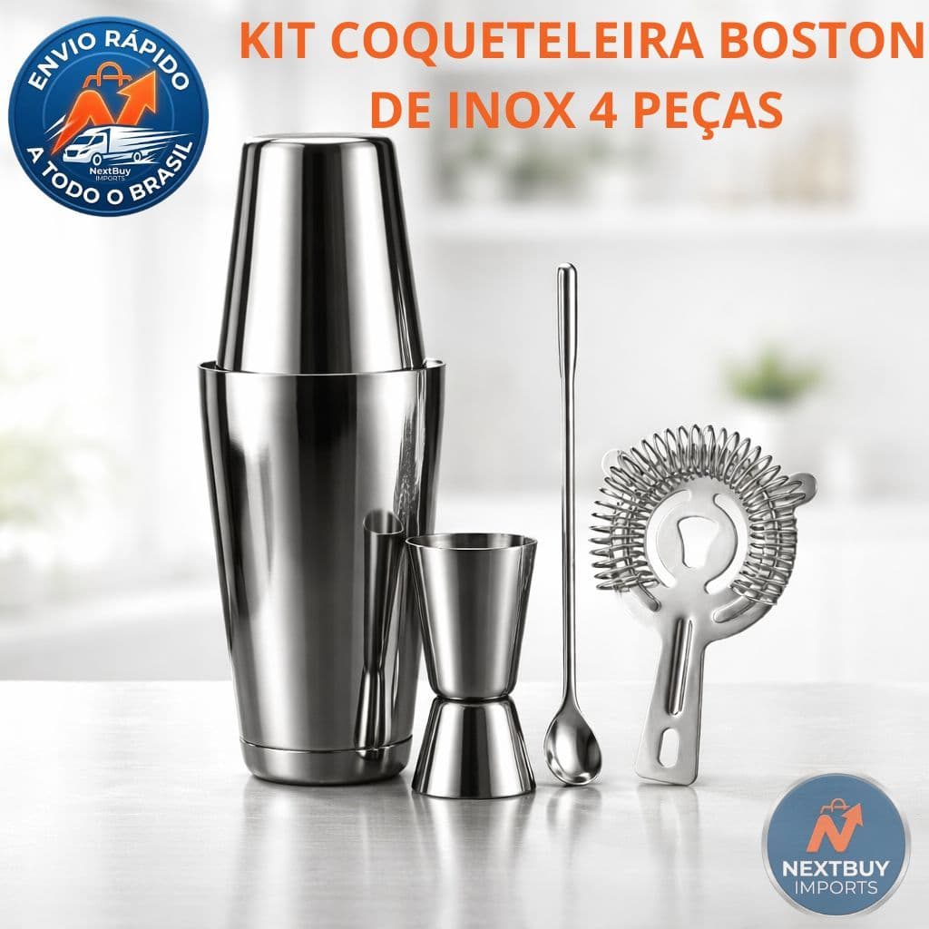 Coqueteleira Boston Inox 820ml Kit 4un Profissional Drinks Bar Casa Barman Iniciante Resistente