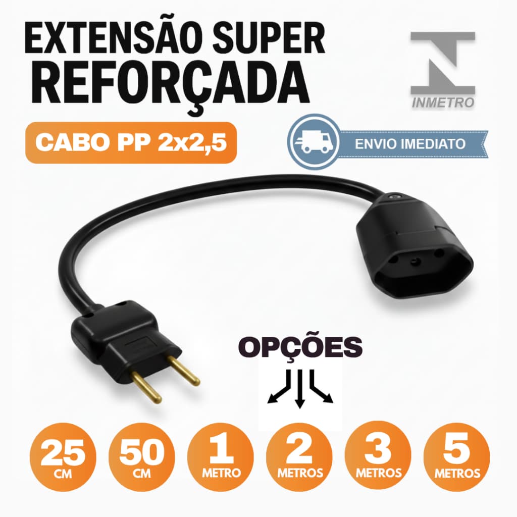 Extensão Elétrica - 0,5/1/2/3/5 Metros Cabo Grosso PP 2x2,5 | 10A e 20A Bivolt | Prolongador De Energia Certificado