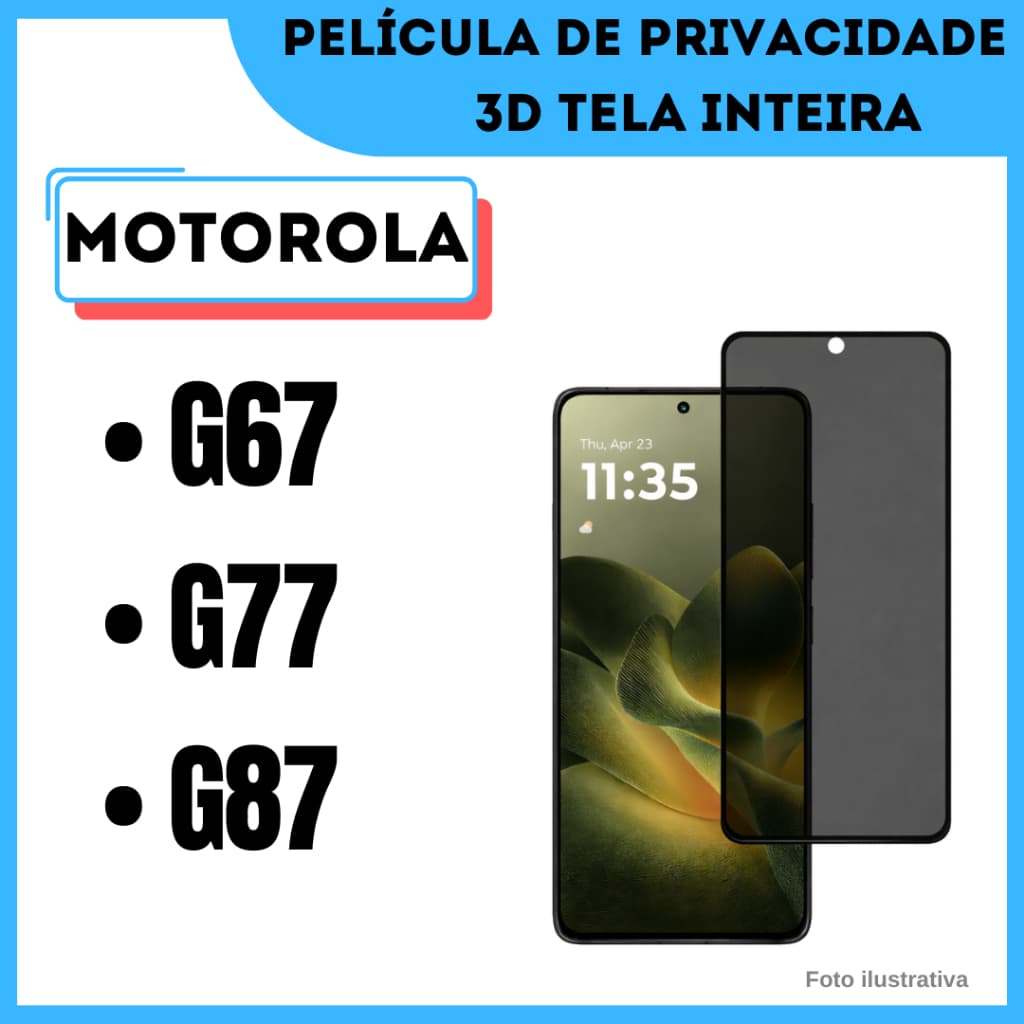 Película de Vidro de Privacidade para Motorola G67 / G77 / G87 / Protetor de Tela Privacidade.