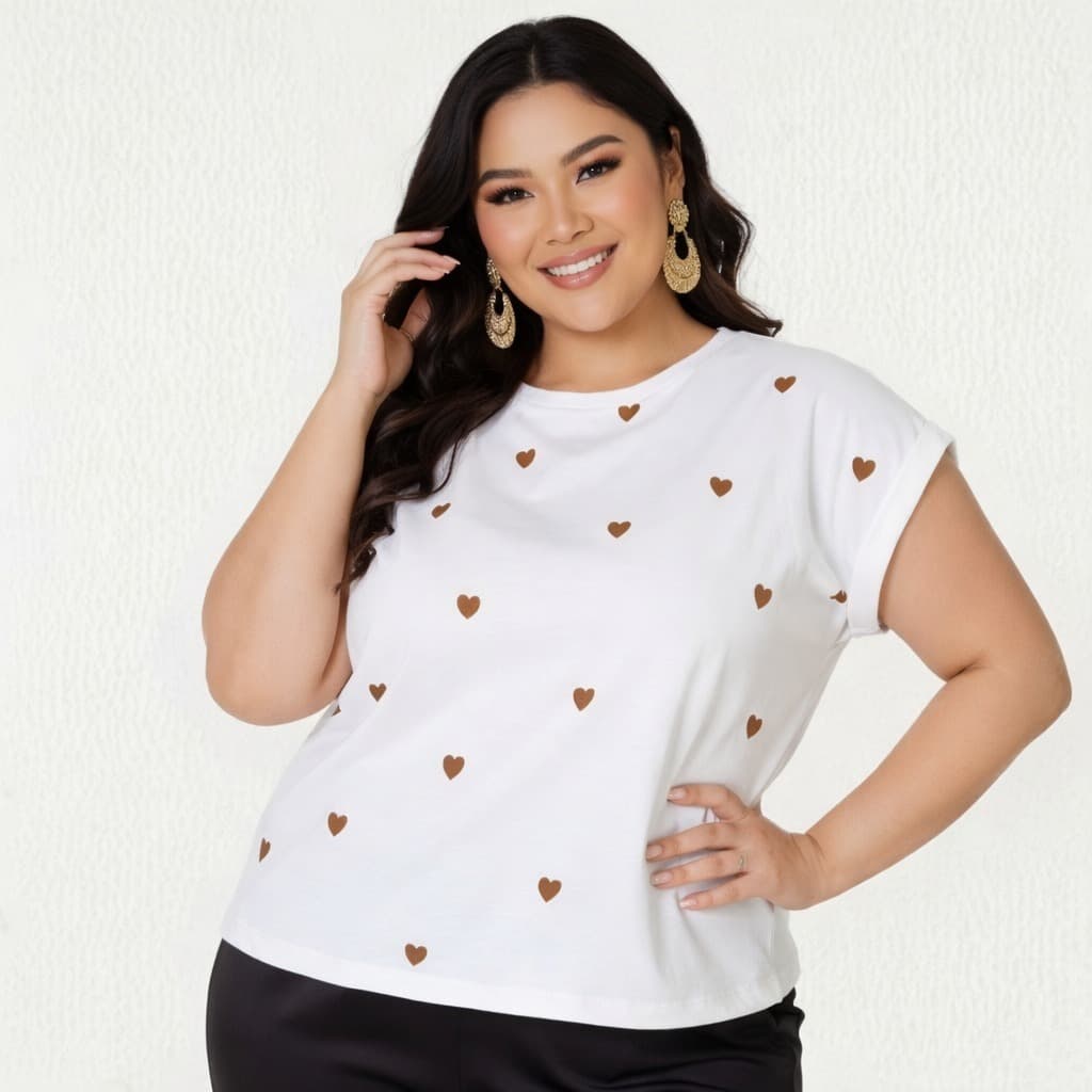Blusa Feminina Manga Japonesa Coração Estampado Plus Size