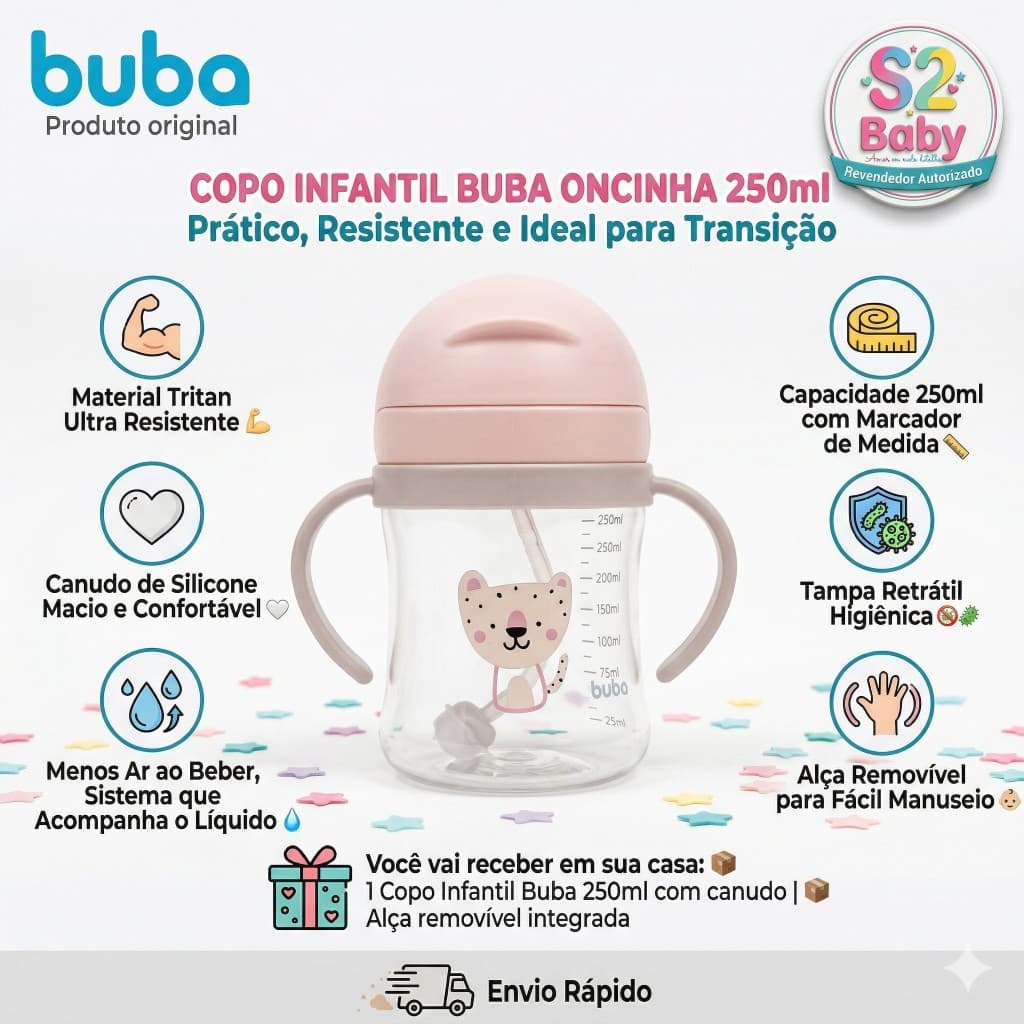 Copo Transição Treinamento Infantil Buba Oncinha 250ml Com Canudo Silicone e Dispositivo Anti-ar