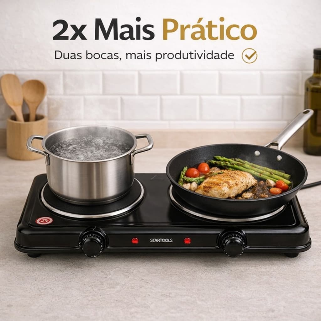 Fogareiro Inducao Eletrico 2 Bocas Potente 220V Pratico Seguro Preta