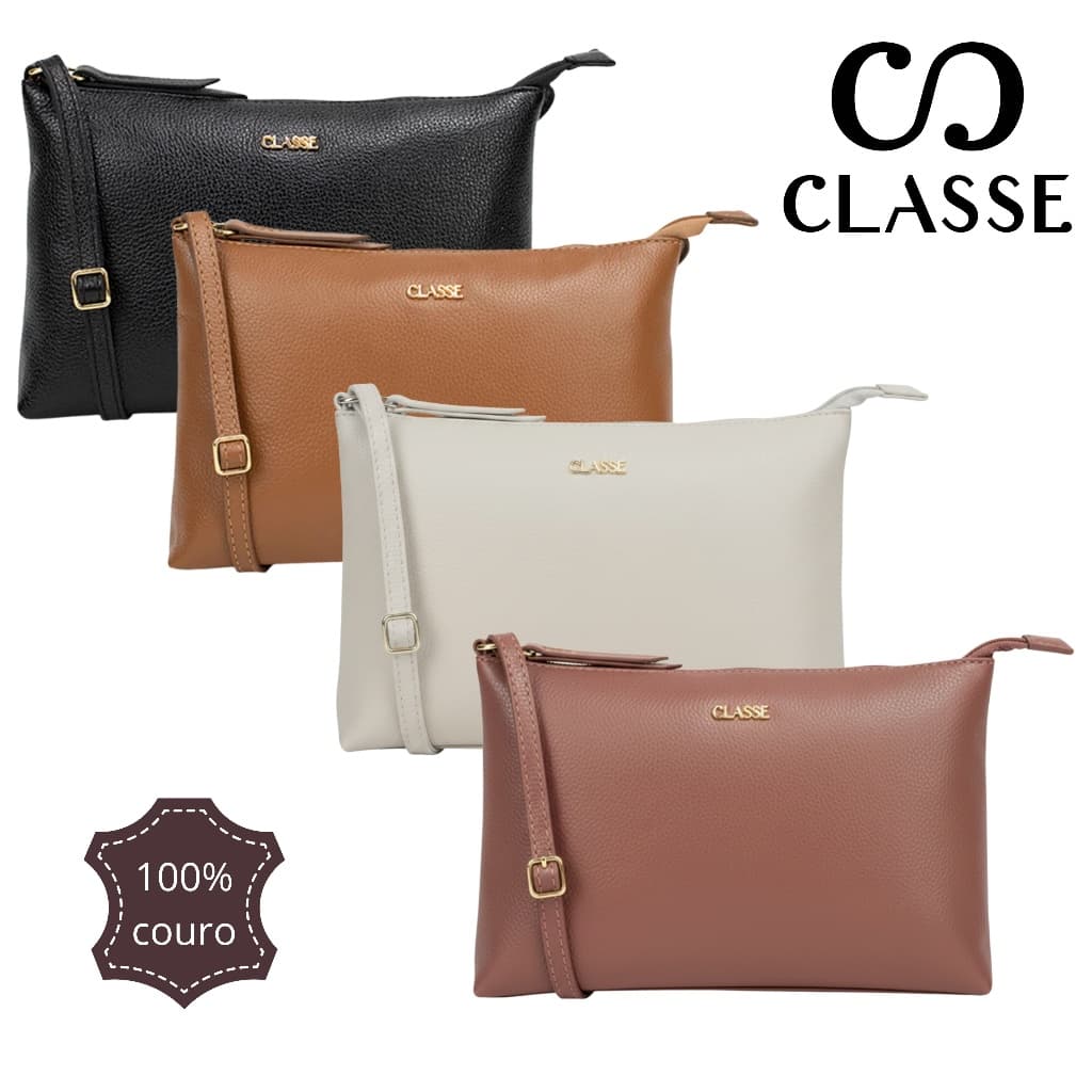 Bolsa Feminina Classe Couro Legitimo Pequena com Tranversal Tiracolo Preto Marrom Off Bege